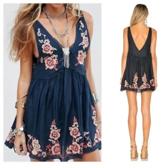 Free People Dresses & Skirts - NWT Free People Aida Slip Dress Size S Womans Navy Floral Embroidered V-Neck